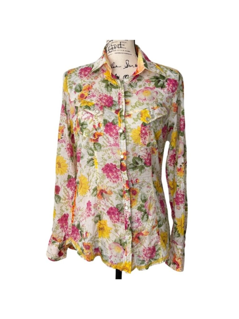 Georg Roth Womens Size XS Top Floral Button-Up Shirt Long Sleeve Cotton Sheer